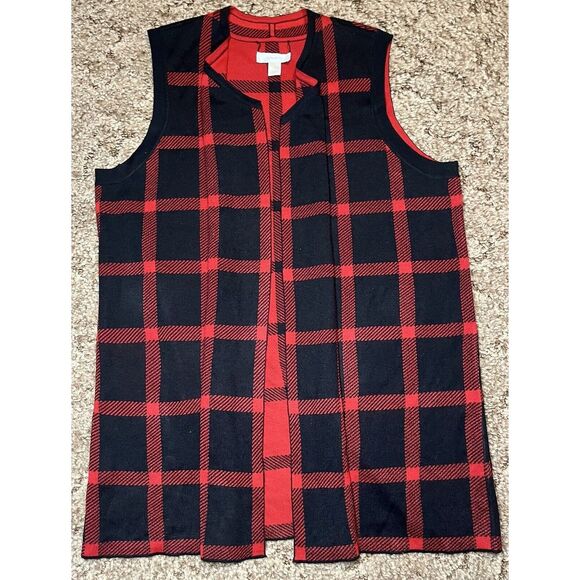 CJ Banks Cardigan Sweater‎ Womens 1X Red Black Plaid Open Front 100% Acrylic - Picture 1 of 7